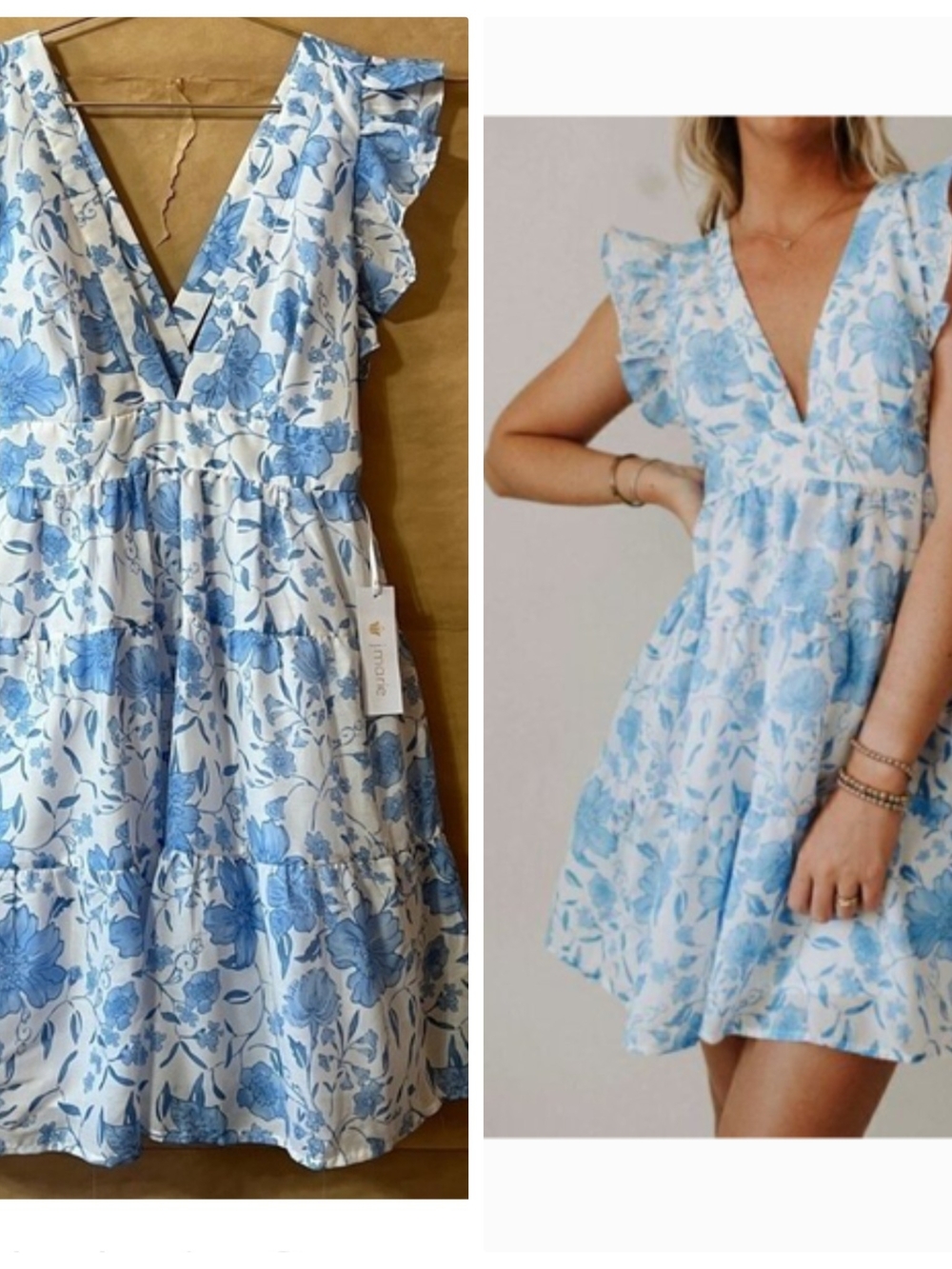 Blue Floral V-Neck Ruffle Midi Dress by